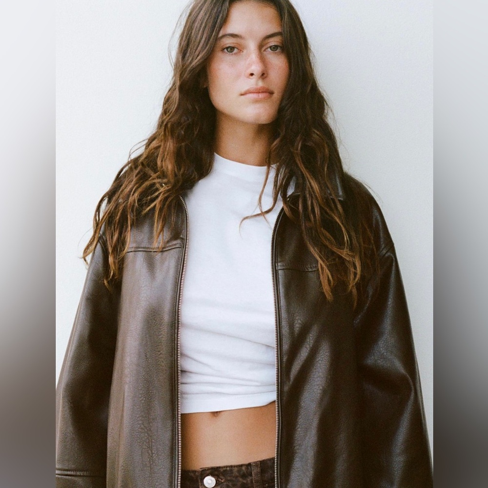 Blogger Favorite Zara Faux Leather Bomber in Brown size Medium Fall 2024